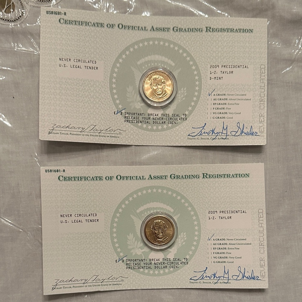 2 Never circulated Zachary Taylor 2009 Presidential Dollar Coins w/Certificates
